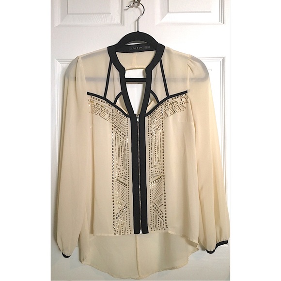 DO+BE Tops Cream Cutout Blouse Black Trim Sequin Detail Poshmark